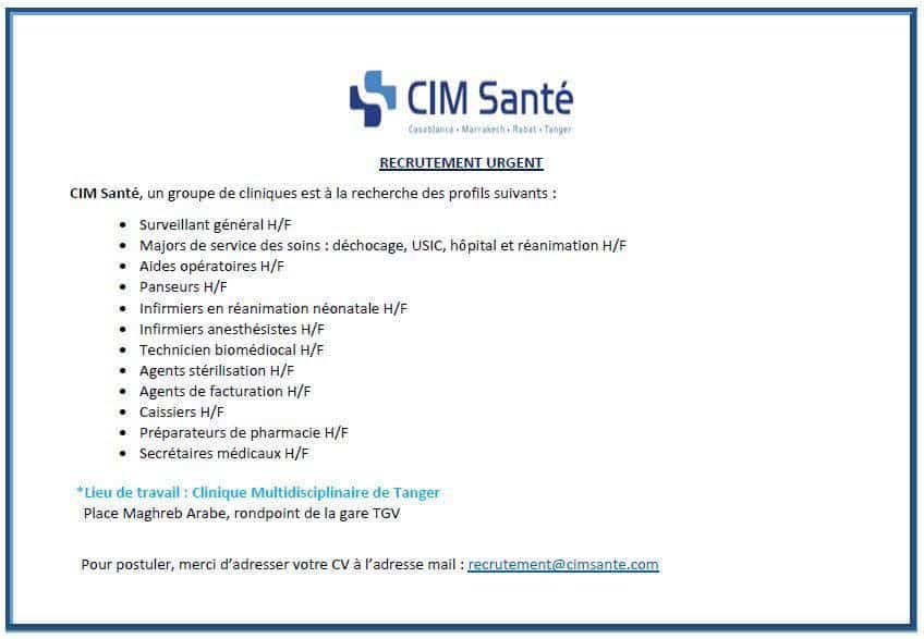 Le Groupe CIM Santé recrute Plusieurs Profils sur Tanger