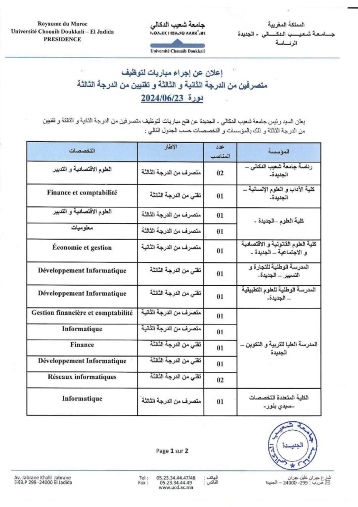 Université Chouaib Doukkali: Concours de recrutement de 15 postes