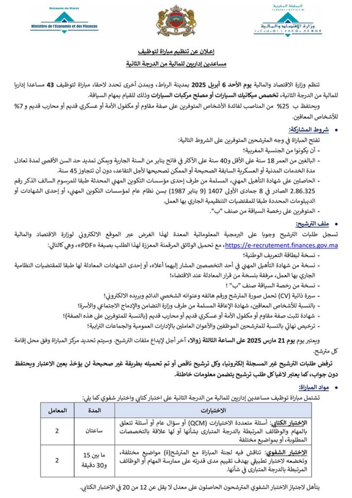 وزارة الاقتصاد والمالية: مباراة توظيف 43 مساعد إداري للمالية من الدرجة الثانية (مهام السياقة)