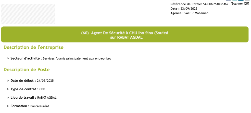 recrutement 60 Agents Sécurité CHU Ibn Sina RABAT
