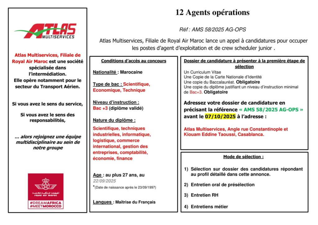 Atlas Multiservices recrute 12 Agents opérations