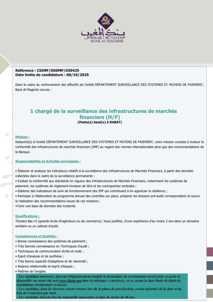 Bank Al Maghrib: concours de recrutement d'un Chargé de la surveillance des infrastructures de marchés financiers
