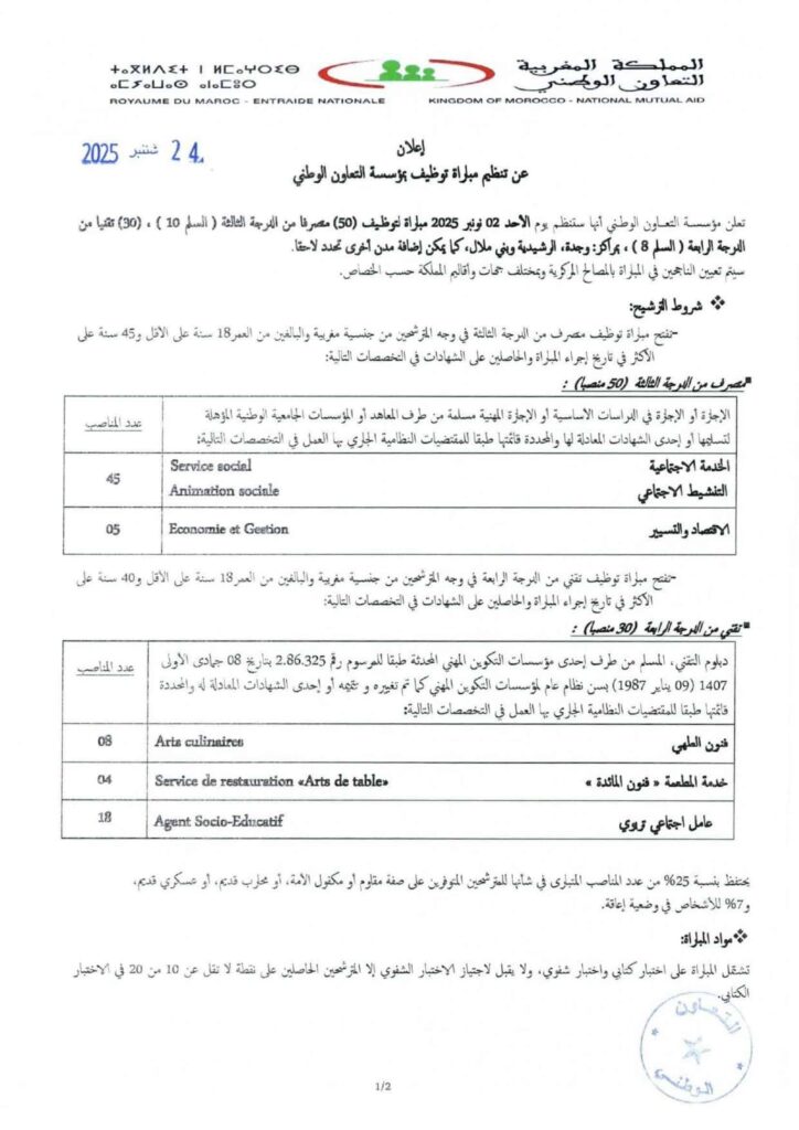 مباراة لتوظيف (80 منصب) في تخصصات مختلفة بالتعاون الوطني، آخر أجل هو 10 أكتوبر 2025