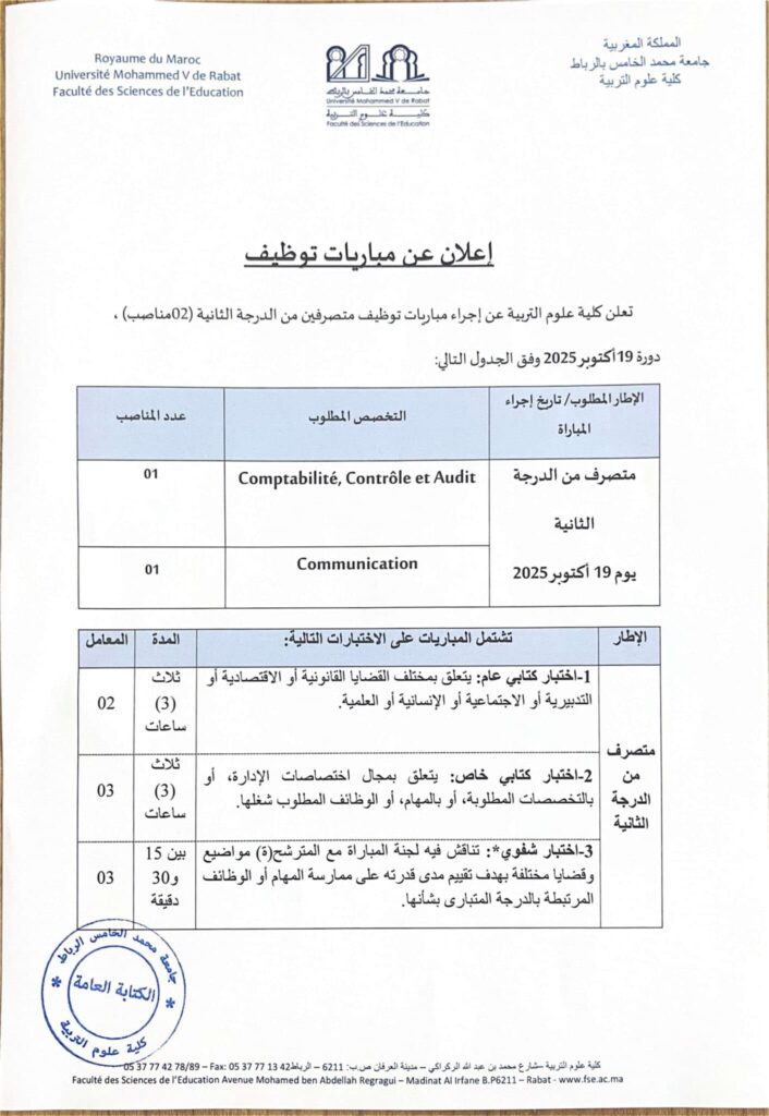 Université Mohammed V Rabat Concours recrutement