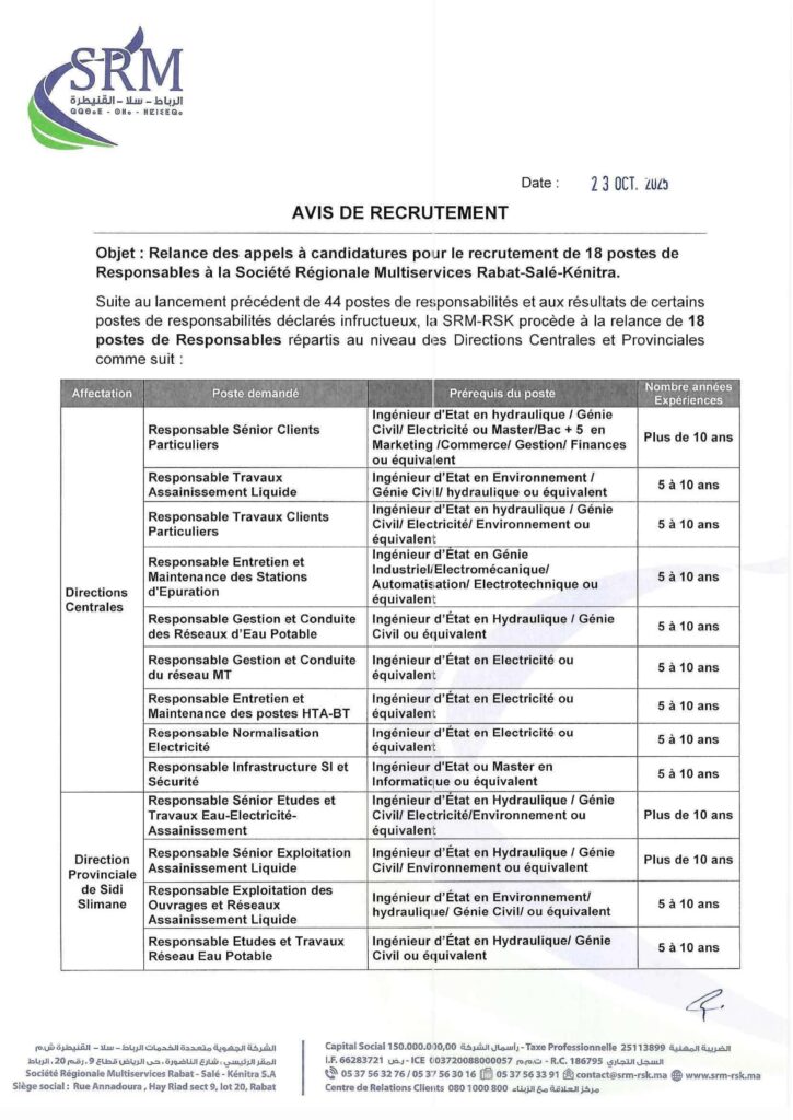 Concours Recrutement SRM Rabat-Salé-Kénitra 19 Postes